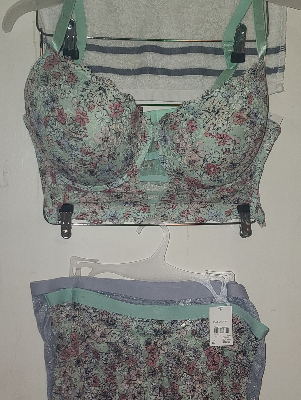 NWT Floral Lace Longline Bra and Panty Set - Mint Floral 44DD and 3X